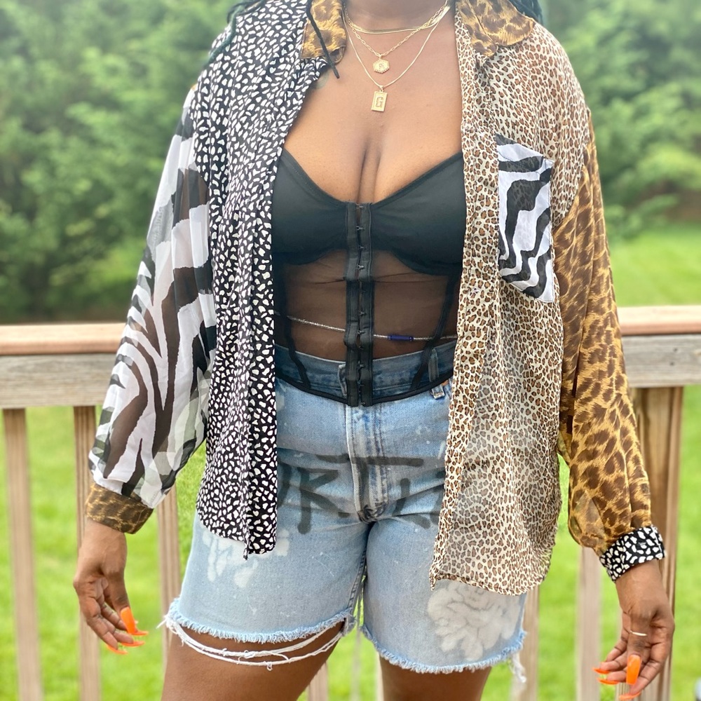 Vintage Animal Print button shirt sheer blouse Tina Hagen Brand